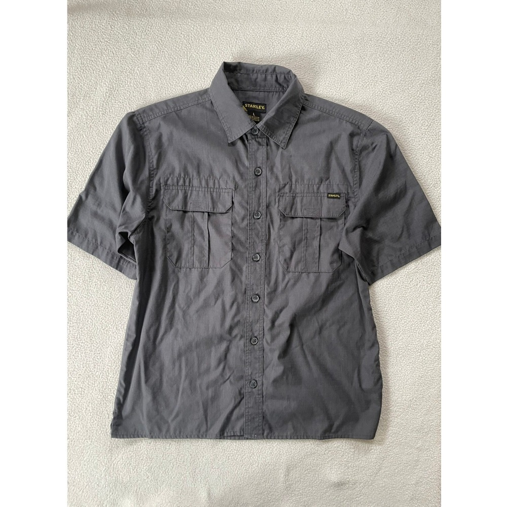 Stanley Mens Large Button Up Shirt Gray Short Sleeve Ripstop Utility Workwear